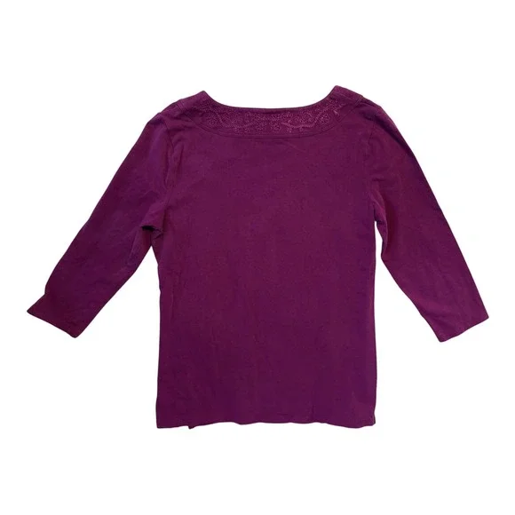 Charter Club Womens Fuscia Purple Embroidered Split V-Neck 3/4 Sleeve Top Size M - Picture 2 of 5